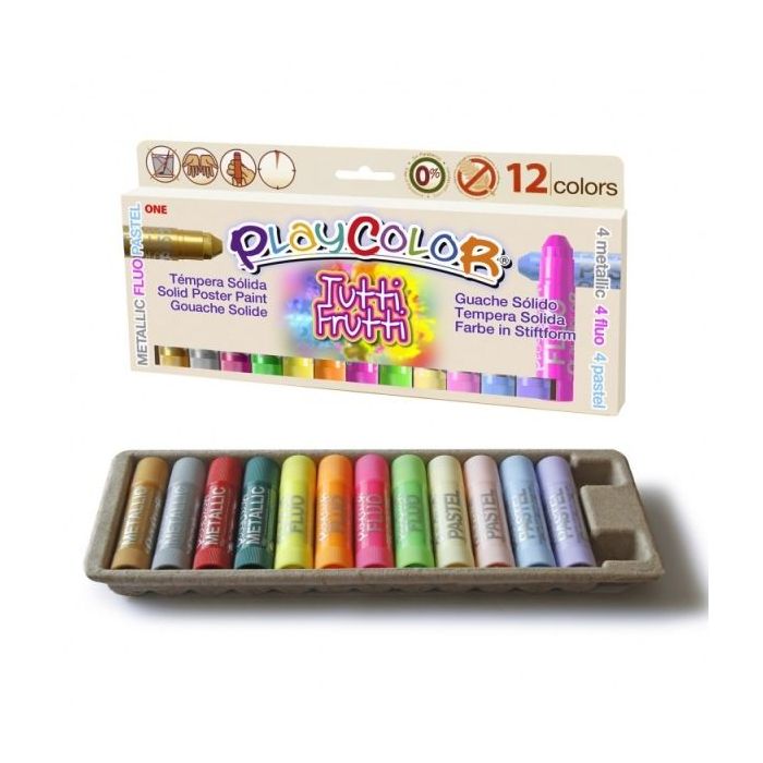 PlayColor Tuttifrutti Pack de 12 Temperas Solidas - No Arrugan el Papel - No Necesitan Barniz - Colores Metallic, Fluo y Pastel Surtidos