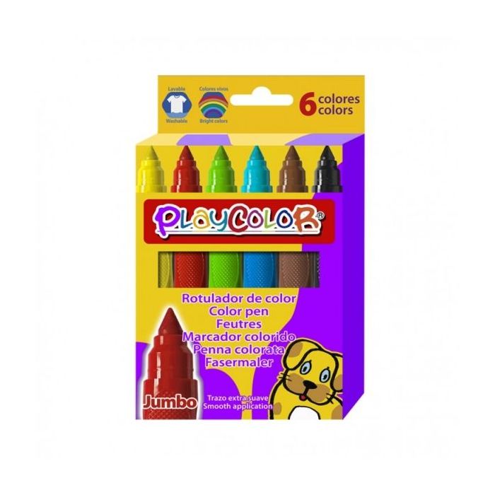 PlayColor Jumbo Basic Pack de 6 Rotuladores de Punta Gruesa Extrasuave - Fiable y Seguro - Punta Bloqueada - Capuchon Ventilado - Lavable - Colores Surtidos