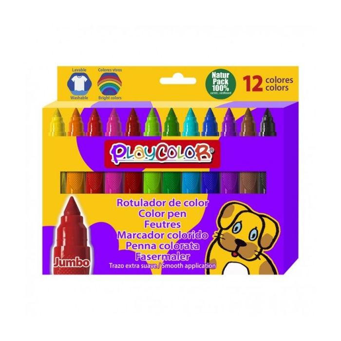 PlayColor Jumbo Basic Pack de 12 Rotuladores de Punta Gruesa Extrasuave - Fiable y Seguro - Punta Bloqueada - Capuchon Ventilado - Lavable - Colores Surtidos
