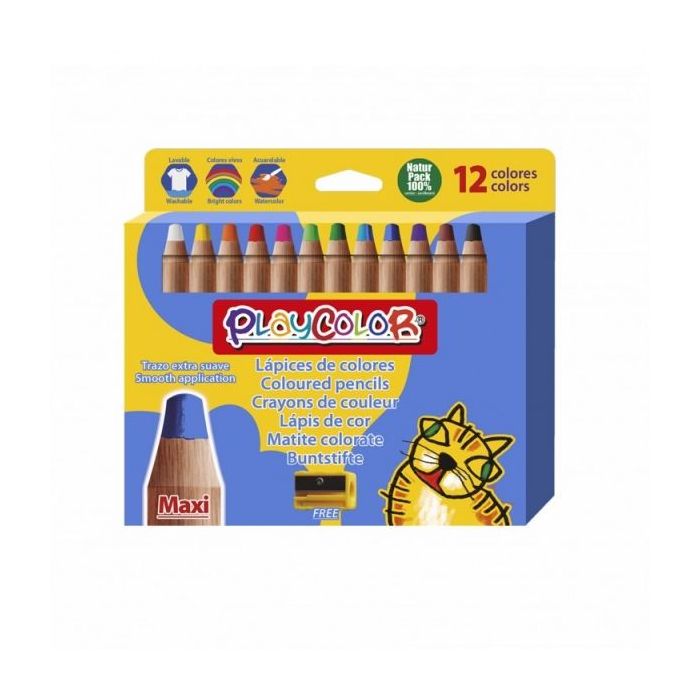 PlayColor Pack de 12 Lapices de Colores de Punta Gruesa + Sacapuntas - Trazo Extrasuave - Apto para Papel, Carton, Vidrio etc... - Colores Surtidos
