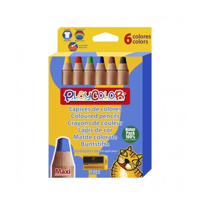 PlayColor Maxi Pack de 6 Lapices de Colores de Punta Gruesa + Sacapuntas - Trazo Extrasuave - Apto para Papel, Carton, Vidrio etc... - Colores Surtidos