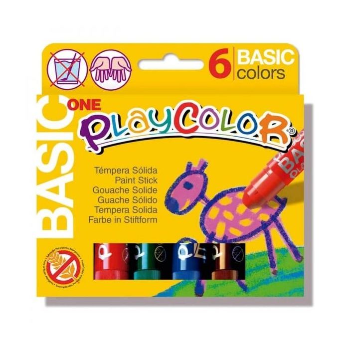 PlayColor Basic One Pack de 6 Temperas Solidas - No Arrugan el Papel - No Necesitan Agua - Especial para Uso Escolar - Colores Surtidos