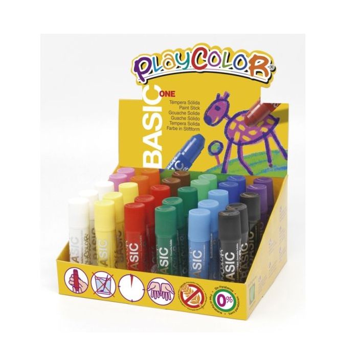 PlayColor Basic One Expositor de 30 Temperas Solidas - No Arrugan el Papel - No Necesitan Agua - Especial para Uso Escolar - Colores Surtidos