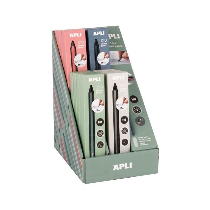 Apli Infinite Pencil Expositor con 20 Packs de Lapiz Infinito HB + Mina de Recambio + Tapon Protector - Para Escribir hasta 16km - Colores Surtidos