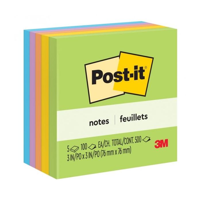 Post-it Bloc de 500 Notas Adhesivas Removibles Ultra Color 76x76mm - Papel con Certificacion PEFC - Colores Surtidos