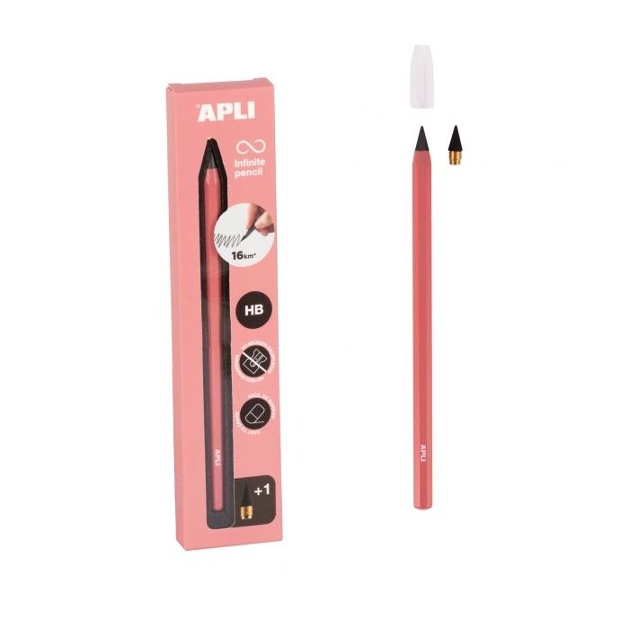 Apli Infinite Pencil Pack de Lapiz Infinito HB + Mina de Recambio + Tapon Protector - Para Escribir hasta 16km - Color Rosa