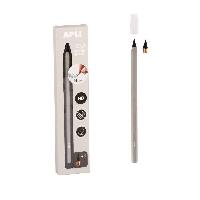 Apli Infinite Pencil Pack de Lapiz Infinito HB + Mina de Recambio + Tapon Protector - Para Escribir hasta 16km - Color Gris