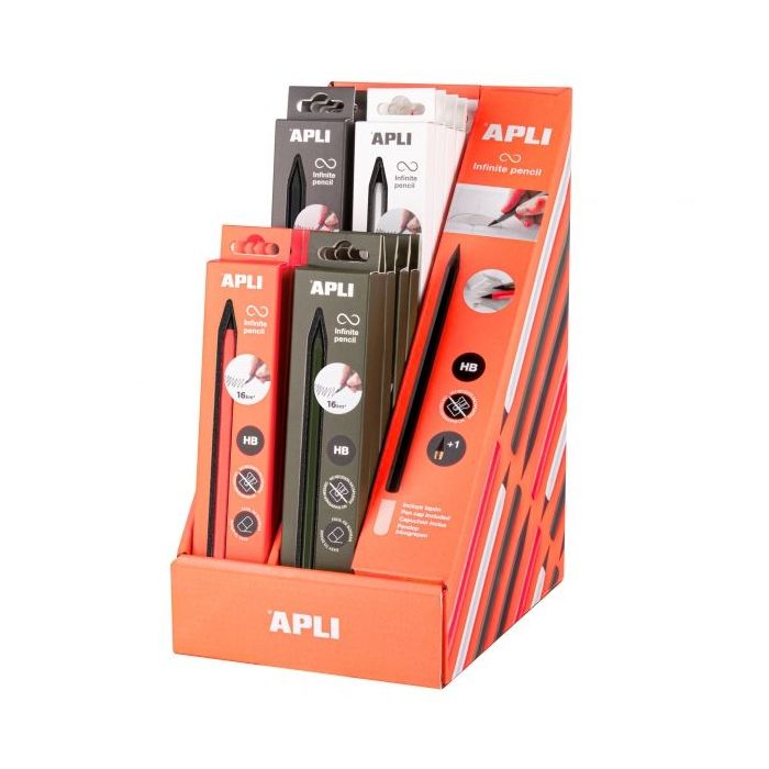 Apli Infinite Pencil Expositor con 20 Packs de Lapiz Infinito HB + Mina de Recambio + Tapon Protector - Para Escribir hasta 16km - Colores Surtidos