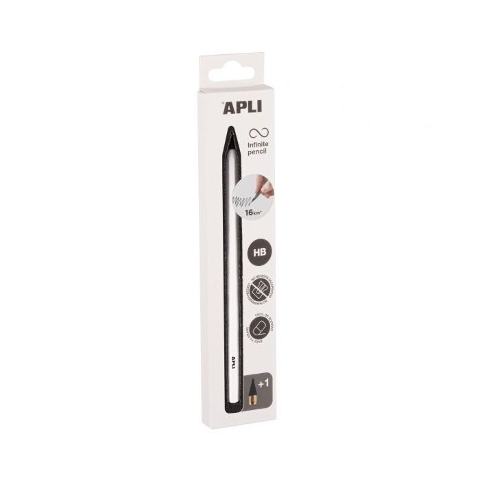 Apli Infinite Pencil Pack de Lapiz Infinito HB + Mina de Recambio + Tapon Protector - Para Escribir hasta 16km - Color Blanco
