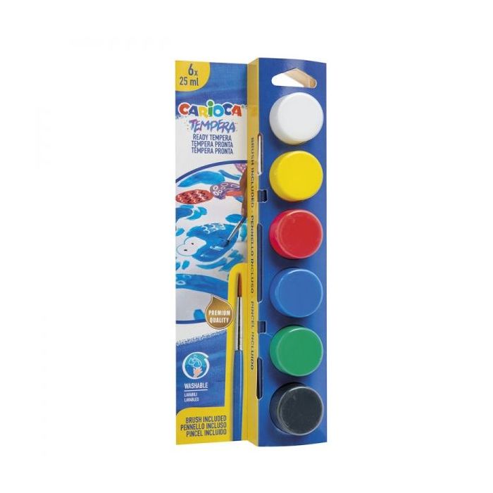 Carioca Pack de 6 Temperas en Botes - 25 ml - Pincel Incluido - Superlavables - Mezclable - Colores Surtidos