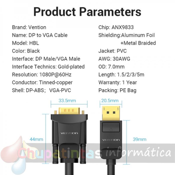 Vention Cable Conversor Displayport Macho a VGA Macho - 1.5m - Color Negro-4