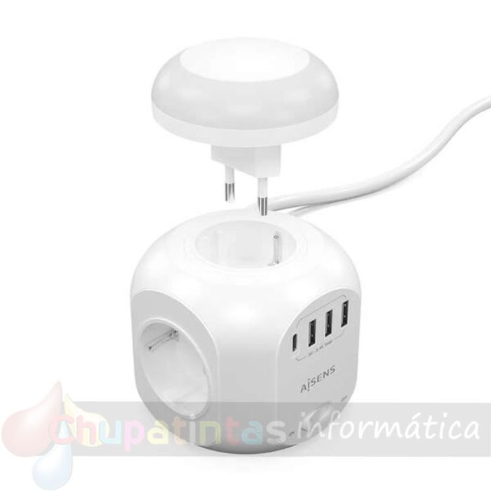 Aisens Regleta de Enchufes Sobremesa Multifunción con 4 Tomas + 1xUSB-C - 3xUSB-A - Luz Nocturna - 1.8m - Color Blanco-2