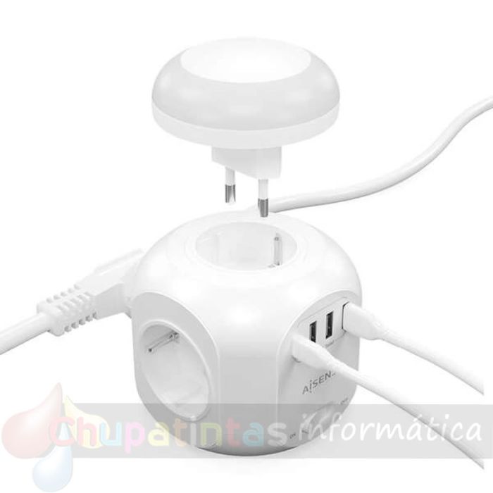 Aisens Regleta de Enchufes Sobremesa Multifunción con 4 Tomas + 1xUSB-C - 3xUSB-A - Luz Nocturna - 1.8m - Color Blanco-3