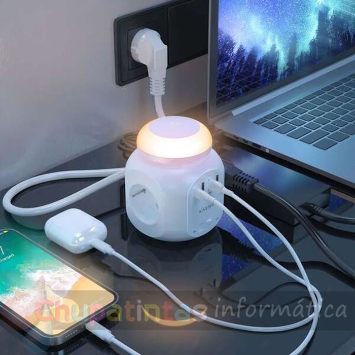 Aisens Regleta de Enchufes Sobremesa Multifunción con 4 Tomas + 1xUSB-C - 3xUSB-A - Luz Nocturna - 1.8m - Color Blanco-5