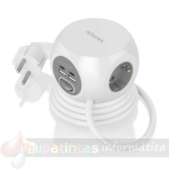 Aisens Regleta de Enchufes Sobremesa Multifunción con 3 Tomas + 2xUSB-C - 2xUSB-A - 1.4m - Color Blanco-1
