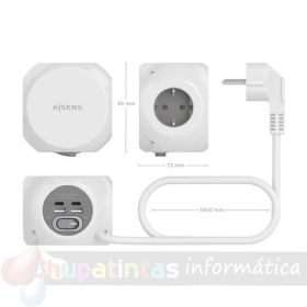 Aisens Regleta de Enchufes Sobremesa Multifunción con 3 Tomas + 2xUSB-C - 2xUSB-A - 1.4m - Color Blanco-3