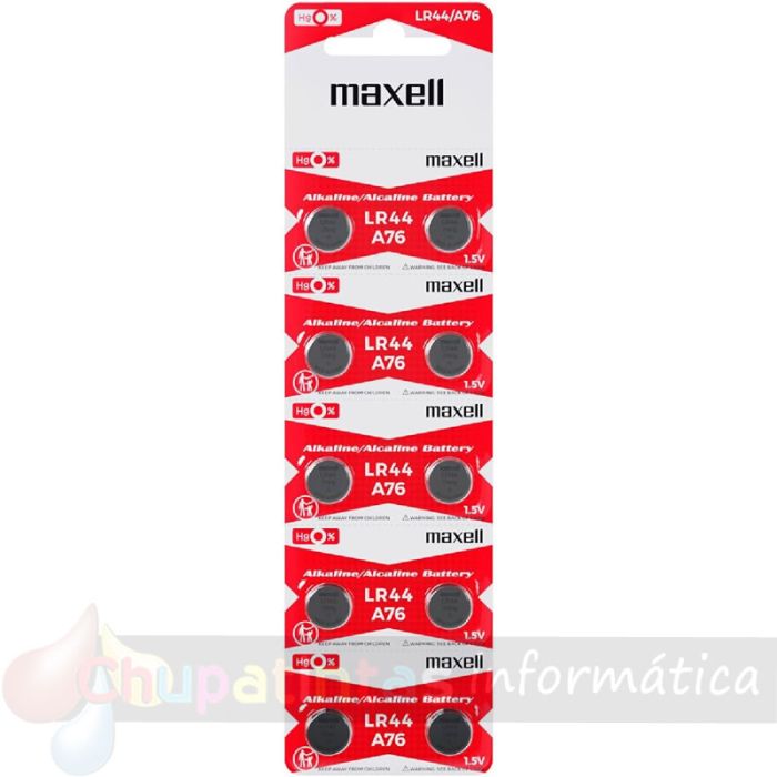 Maxell Pack de 10 Pilas Alcalinas de Botón LR44 1.5V-1