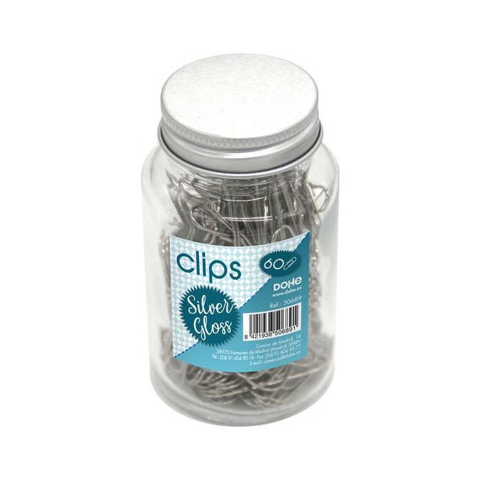 Dohe Bote de Cristal con 60 Clips Metalicos de 50mm - Color Plata Brillante
