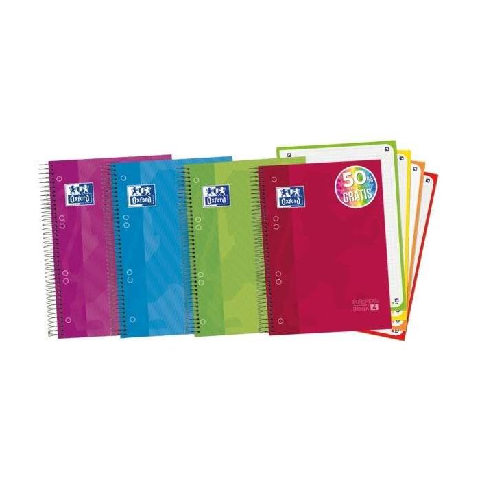 Oxford Europeanbook 4 Cuaderno Espiral Formato A5+ Cuadriculado 5x5mm - 120 Hojas 90gr - Tapa Extradura acabado Brillante - 4 Bandas de Color - Colores Surtidos