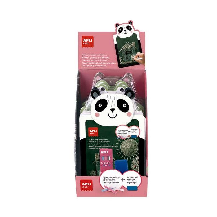 Apli Expositor de 9 Packs de Pizarra para Tiza con Forma de Animal + Caja de 3 Tizas de Colores y Borrador - Medidas 260x155x15mm - Diseños Rana, Oso Panda y Oso