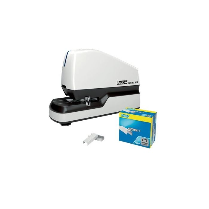 Rapid Optima 60E Grapadora Electrica de Sobremesa + Caja de 5000 Grapas - Hasta 60 Hojas - Adaptador de Red Incluido - Color Blanco
