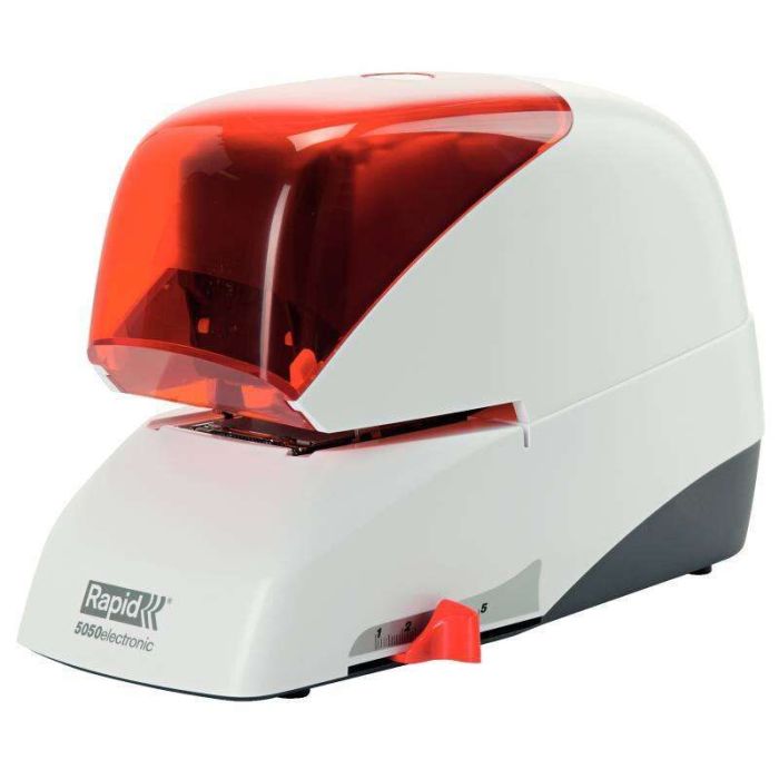 Rapid Grapadora Electrica Supreme R5050E - 50 Hojas - Carga de Cartucho - Duradera - Plata/Naranja