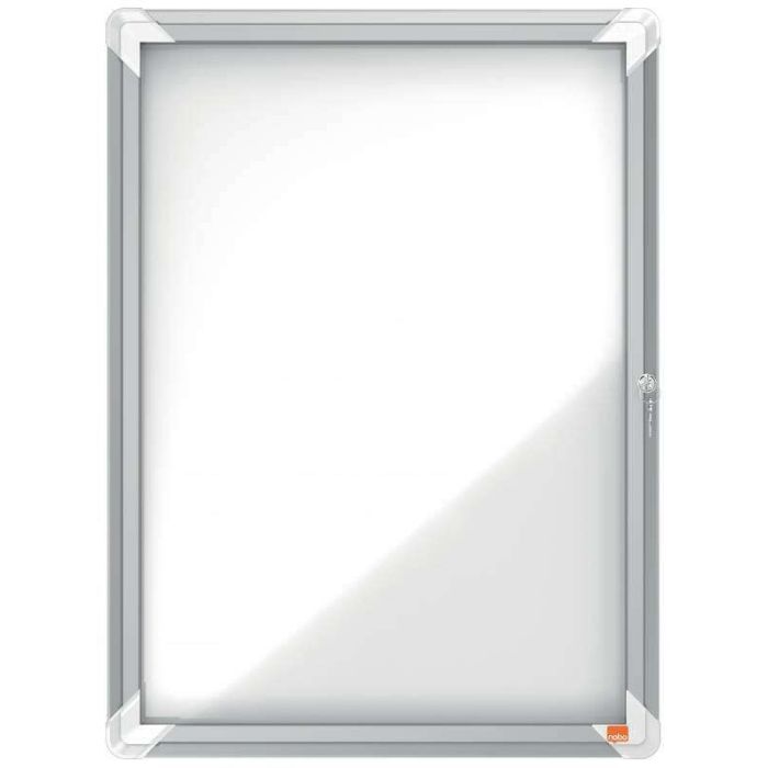 Nobo Vitrina para 4 Hojas A4 con Superficie Blanca Magnetica - 532x692x37mm - Puerta de Cristal de Seguridad - Marco de Aluminio - Color Blanco