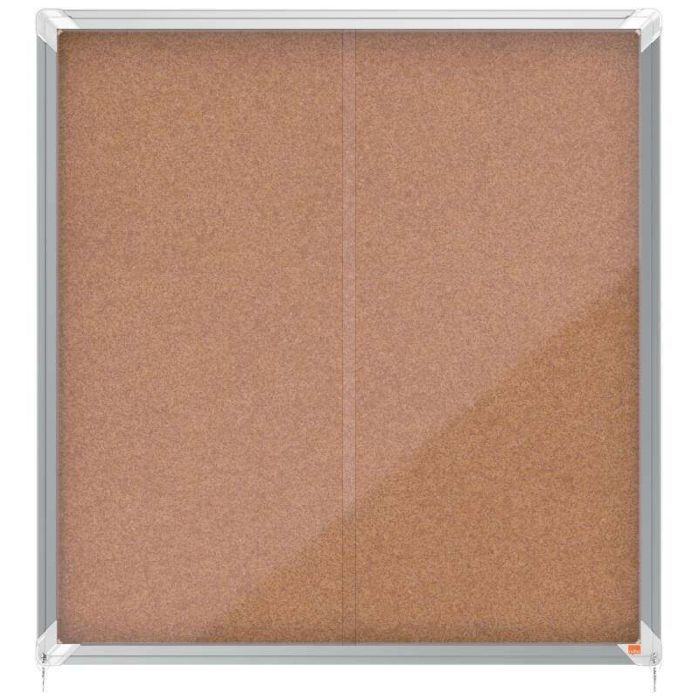 Nobo Vitrina Interior para 12 Hojas A4 con Superficie de Corcho y Puerta Deslizante - 997x972x54mm - Tablero de Corcho, Cristal de Seguridad, Marco de Aluminio - Color Natural