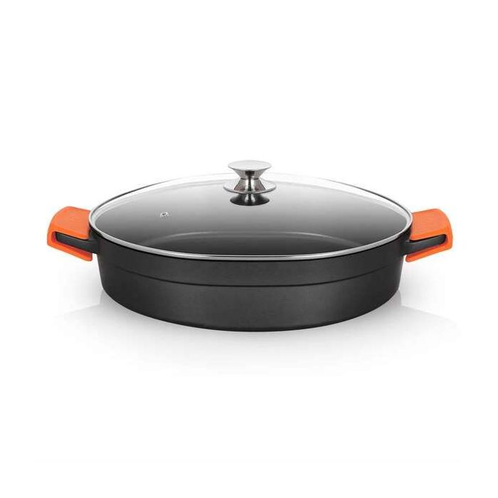 Orbegozo CDB Cacerola Baja Serie 10.5L - Aluminio Fundido Indeformable - Asas de Silicona - Apta para Todo Tipo de Fuegos - Superficie Antiadherente - Tapa de Cristal Templado