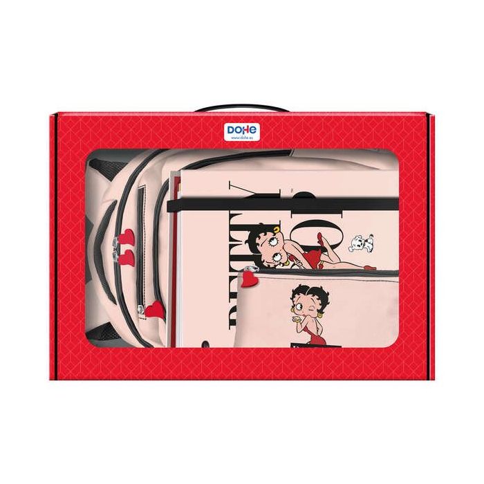 Dohe Betty Boop Pack de Mochila 3 Compartimentos Grande + Carpeta A4 Recambio + Portatodo Triple - Todo en un Maletin Perfecto para Regalo