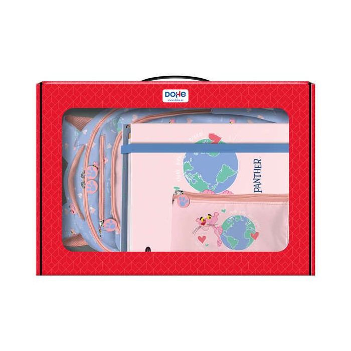 Dohe Pack Mochila, Carpeta y Portatodo Pink Panther - Maletin Regalo 365x515x105mm - Carpeta A4 Recambio - Mochila 3 Compartimentos Grande - Portatodo Triple