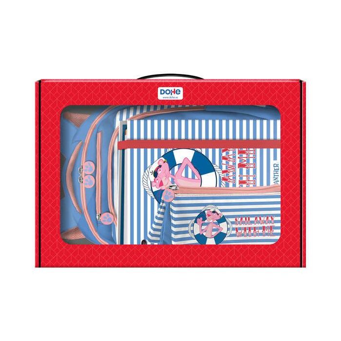Dohe Pack Mochila, Carpeta y Portatodo Pink Panther - Maletin Regalo 365x515x105mm - Carpeta A4 Recambio, Mochila 3 Compartimentos Grande - Portatodo Triple