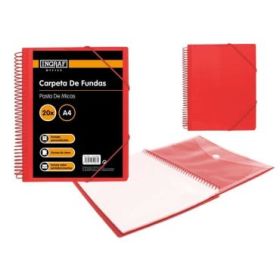 Ingraf Carpeta 20 Fundas A4 + Sobre con Broche - Espiral Plastica Indeformable - Apertura 360 Grados - Portada Personalizable - Color Rojo