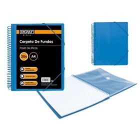 Ingraf Carpeta 20 Fundas A4 + Sobre con Broche - Espiral Plastica Indeformable - Apertura 360 Grados - Portada Personalizable - Color Azul