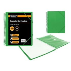 Ingraf Carpeta 40 Fundas A4 + Sobre con Broche - Espiral Plastica Indeformable - Apertura 360 Grados - Portada Personalizable - Color Verde