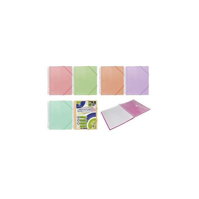 Bismark Carpeta Espiral 30 Fundas Transparentes - Polipropileno - Tamaño A4 - Espiral Plastica Indeformable - Apertura 360 Grados - Gomas de Cierre - Colores Pastel