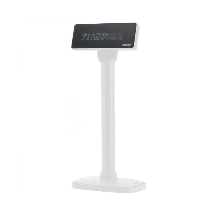 Approx Visor de Cliente VFD para TPV - Alfanumerico Fluorescente - 20 Caracteres y 2 Lineas - 3 Alturas y Rotacion 355º - Color Blanco