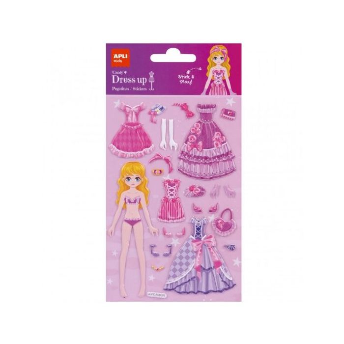 Apli Bolsa de Pegatinas Dress Up 3D Modelo Candy - Adhesivos Removibles - Incluye Escenario - Fomenta Creatividad y Psicomotricidad - Ideal para Aprender Jugando