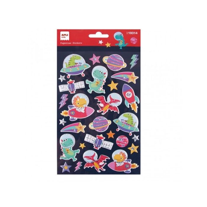 Apli Bolsa de Pegatinas Dinosaurios en el Espacio - Relieve y Detalles Metalizados - Adhesivo Permanente - Estimula Creatividad y Psicomotricidad Fina