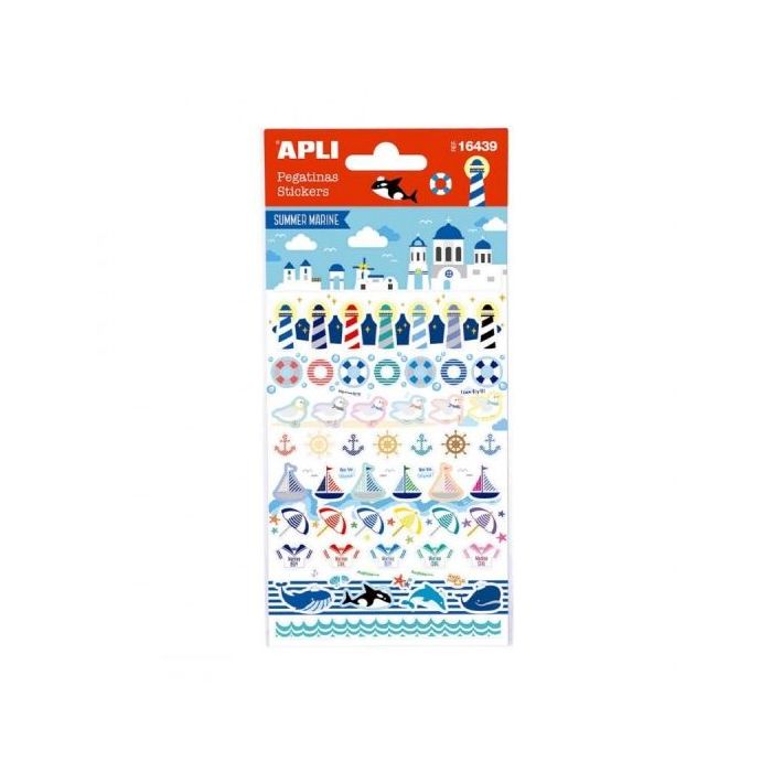 Apli Bolsa de Pegatinas de Verano - Tematica Nautica - 58 Pegatinas - Adhesivo Permanente - Ideal para Scrapbooking y Decoracion - Estimula Creatividad y Psicomotricidad Infantil