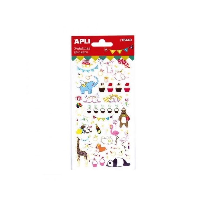 Apli Bolsa de Pegatinas de Fiesta - Animales y Guirnaldas Brillantes - Adhesivo Permanente - Ideal para Scrapbooking y Decoracion - Estimula Creatividad y Psicomotricidad Infantil