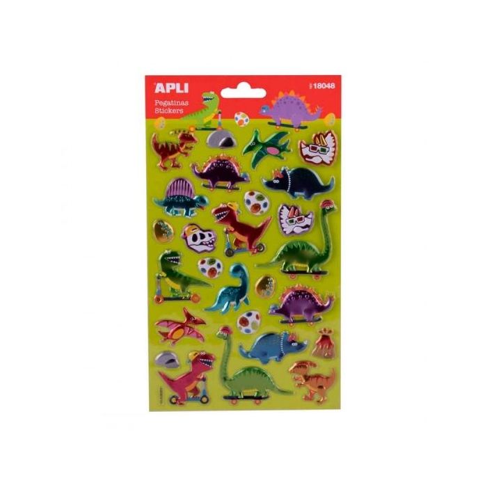 Apli Bolsa de Pegatinas de Dinosaurios - Acabado Metalizado - Adhesivo Permanente - Ideal para Scrapbooking y Decoracion - Fomenta Creatividad y Psicomotricidad Infantil