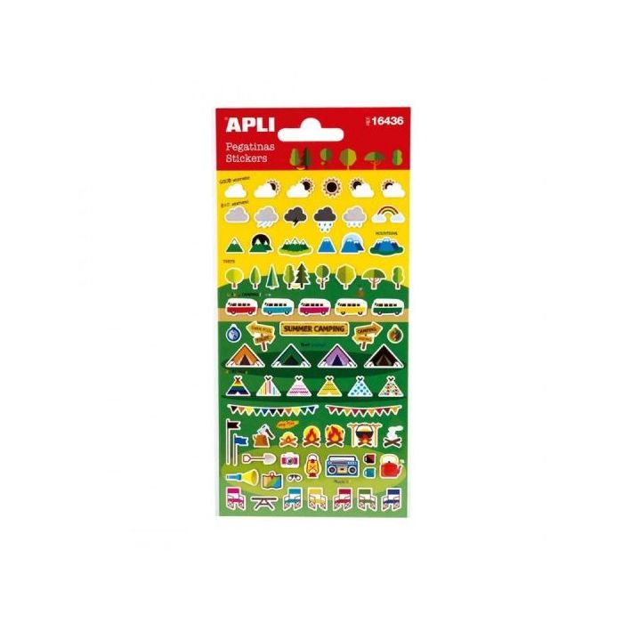 Apli Bolsa de Pegatinas de Camping - Acabado Mate - Adhesivo Permanente - Ideal para Scrapbooking y Decoracion - Fomenta Creatividad y Psicomotricidad Infantil