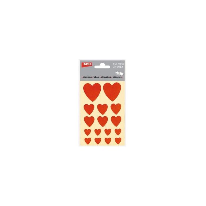 Apli Bolsa de Pegatinas con Corazones - Adhesivo Permanente - Tamaños Surtidos - 3 Hojas (48 Pegatinas) - Ideal para Decorar, Tarjetas y Regalos - Color Rojo