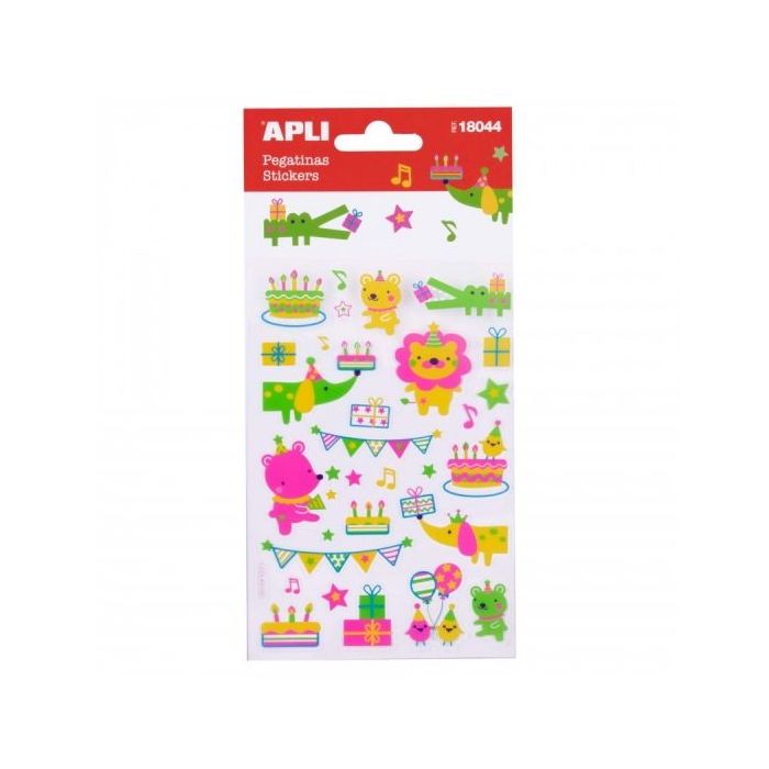 Apli Bolsa de Pegatinas Animales y Fiesta de Cumpleaños - Acabado Neon - Adhesivo Permanente - Ideal para Scrapbooking y Decoracion - Estimula Creatividad y Psicomotricidad Fina