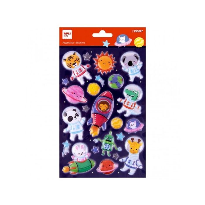 Apli Bolsa de Pegatinas Animales del Espacio - Adhesivo Permanente - Estimula Creatividad y Psicomotricidad Fina en Niños Pequeños