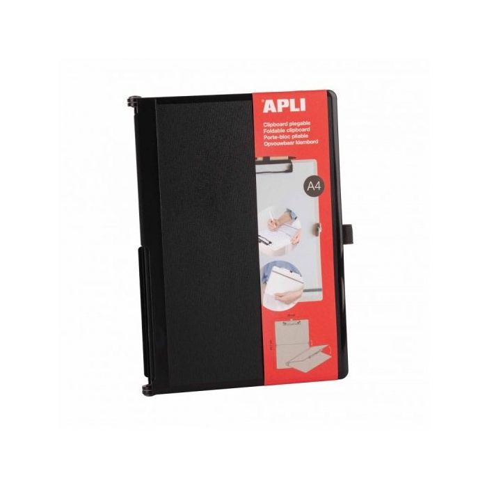Apli Clipboard Plegable - Compacto y Facil de Transportar - Sujeta Hojas con Goma Elastica - Extension para Boligrafo - Material Resistente ABS - Diseño Funcional y Versatil - Color Negro