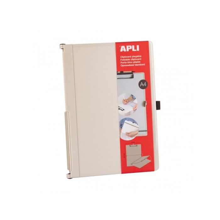 Apli Clipboard Plegable - Compacto y Facil de Transportar - Sujeta Hojas con Goma Elastica - Extension para Boligrafo - Material Resistente ABS - Diseño Funcional y Versatil - Color Blanco