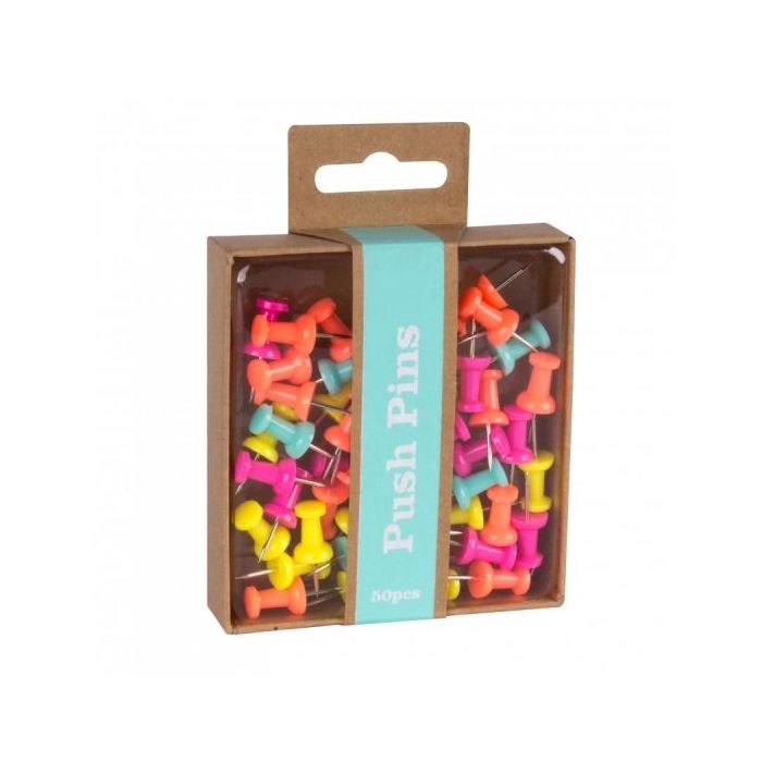 Apli Caja de 50 Chinchetas Push Pins Fluor Collection - Caja de Carton Kraft con Eurohole - Color Amarillo Fluorescente