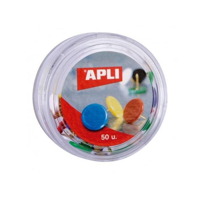 Apli Caja de 50 Chinchetas Niqueladas con Cabezal de Plastico - Cabeza Redondeada - Puntas Afiladas - Colores Surtidos